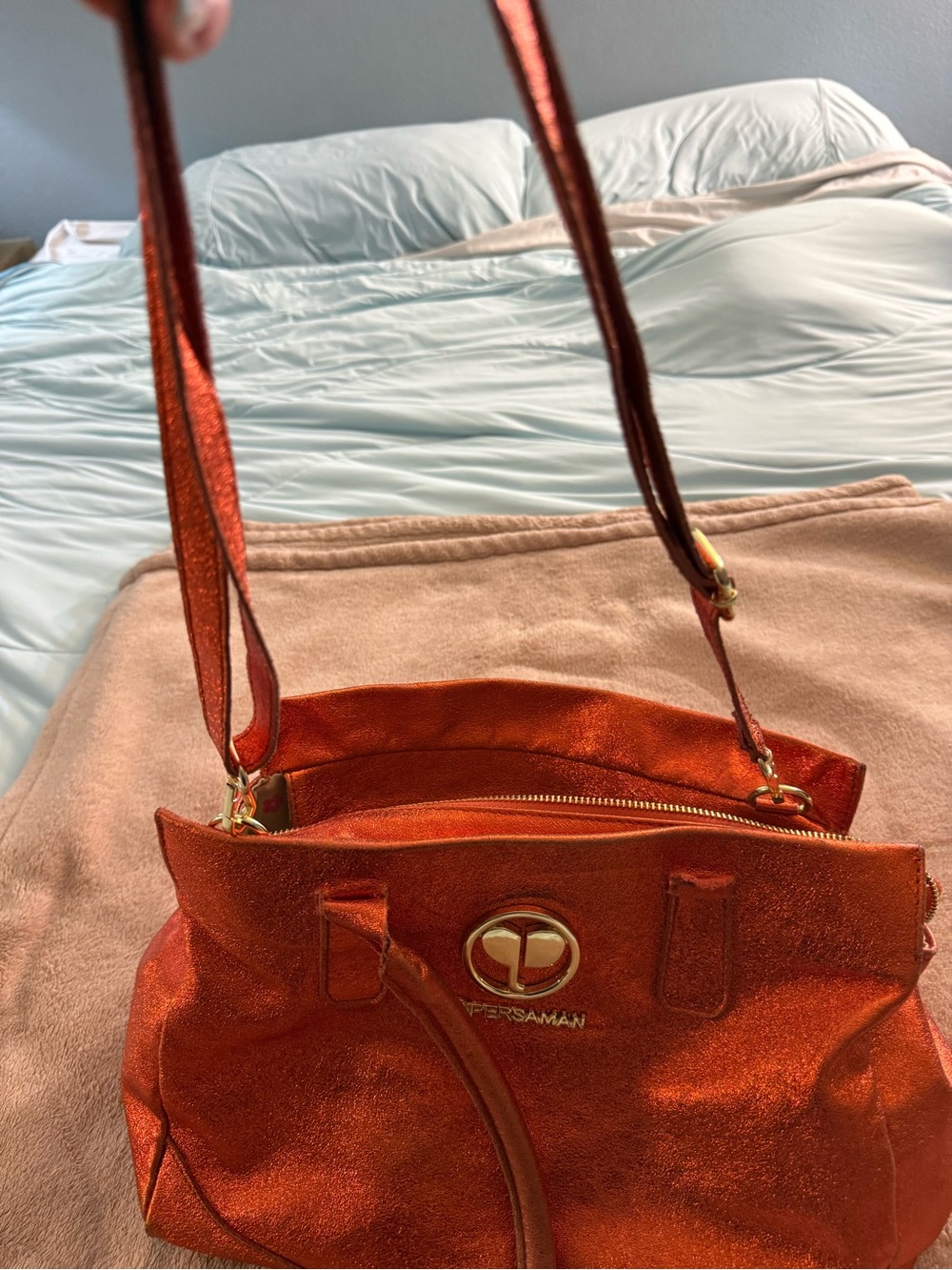 Persaman New York Metallic Orange Satchel with Top Handles - Picture 5 of 9